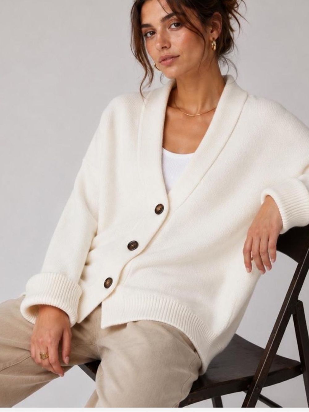 Free People Cream Shawl Collar Button Cardigan